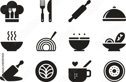 Kitchen Utensil and Food Silhouette Icons, Cooking Tools and Meals, Minimal Vector Design