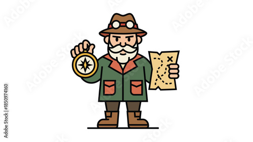 Adventurous Explorer Holding Compass and Old Map.