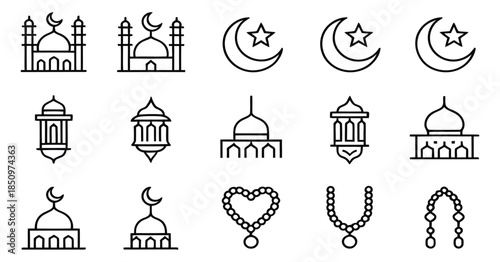 decorative line art icon set featuring Ramadan symbols including mosque domes, crescent moon, lanterns, prayer beads, and stars for Islamic religious design projects.