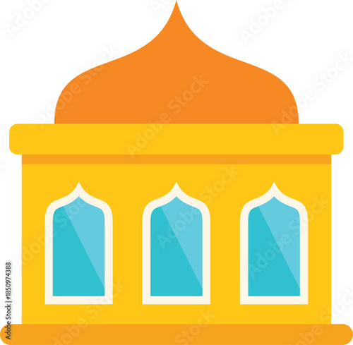 Islamic mosque building with golden dome and arched windows, symbolizing religious devotion and cultural heritage
