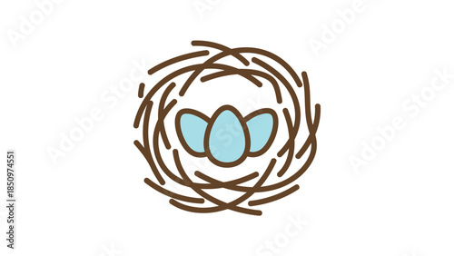 Bird Nest with Three Blue Eggs Illustration.