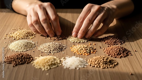 Hands Sorting Assorted Grains and Legumes on a Wooden Surface Closeup