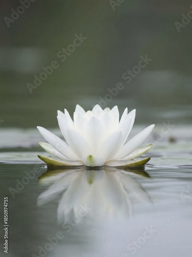 White water lily floating on calm water with reflection