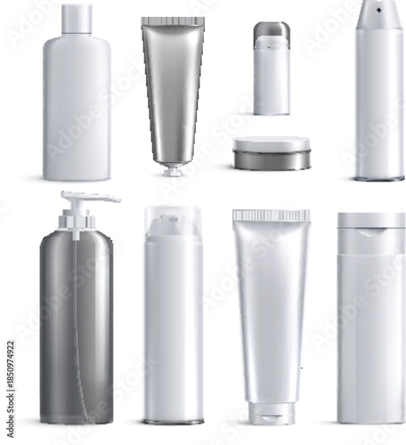 Minimalist white plastic bottles and metal tubes for cosmetics vector