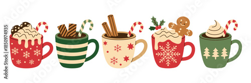 Christmas Hot Chocolate and Cocoa Cute Cartoon Mug Icons Vector Illustration