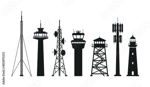 Communication and observation towers silhouette collection vector