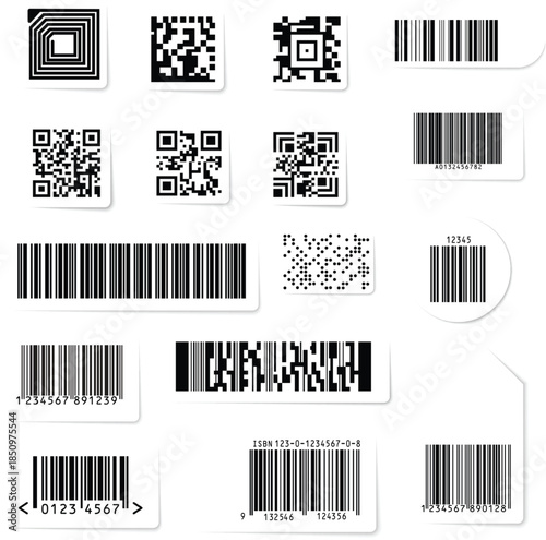 Set of various black and white data matrix icons vector