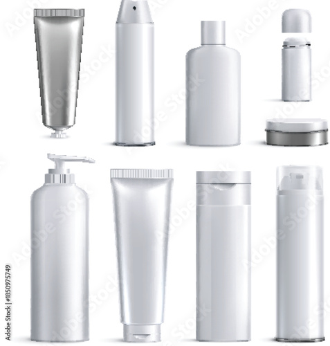 White cosmetic packaging bottles and tubes mockup for branding vector