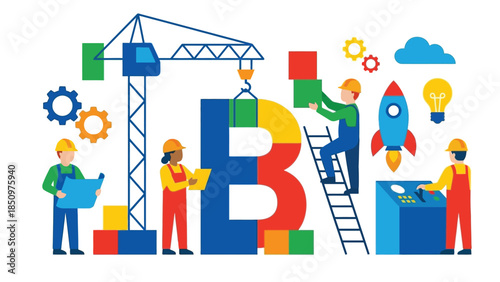 Business Building Blocks Concept with Construction Workers.