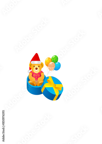 Festive teddy bear in Santa hat emerges from gift box with colorful balloons
