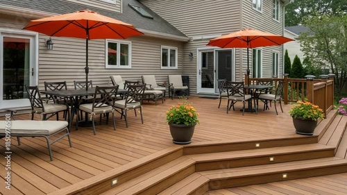 outdoor patio with tables and chairs