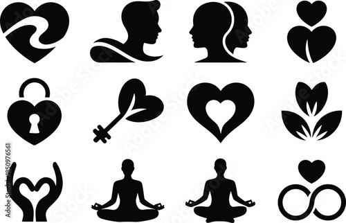 Wellness and Love Silhouette Icon Set, Yoga Meditation Heart Infinity Symbols, Vector Illustration