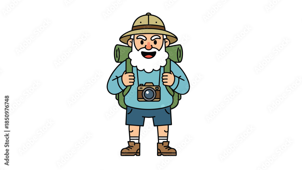 Naklejka premium Cartoon elderly man adventurer with backpack and camera.