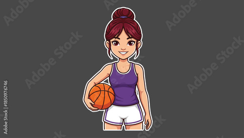 Cartoon Female Basketball Player Holding Ball Ready to Play.