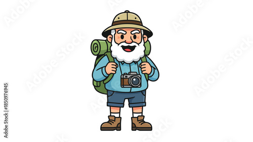 Cartoon elderly explorer with backpack and camera.