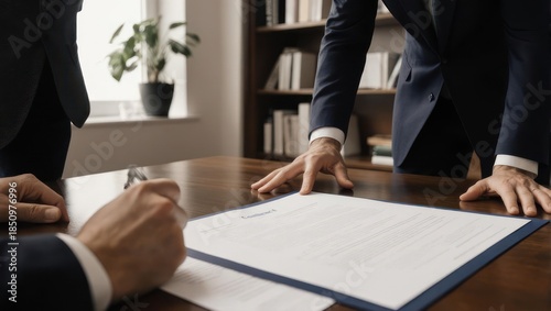 Lawyers reviewing legal documents at a desk in a law office.