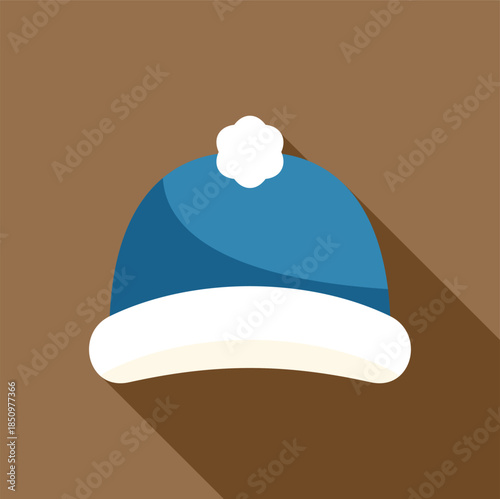 Blue winter hat with white brim and pompom, isolated on brown background, simple flat design with long shadow
