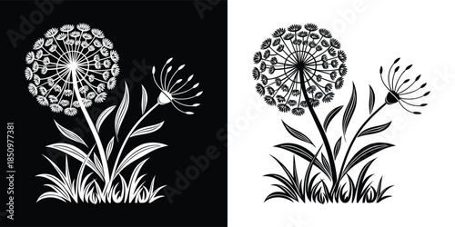 A charming dandelion illustration with intricate line work, presented in both black on white and white on black versions, isolated on white background