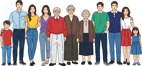 Big happy family portrait with grandparents parents children, multigenerational people standing together, unity love diversity concept, flat vector illustration