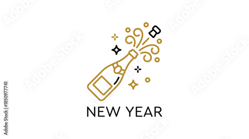 Champagne bottle exploding with celebratory bubbles and sparkles.