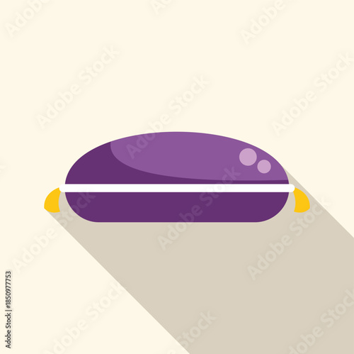 Purple rectangular pillow with yellow tassels casting a long shadow over a light beige background