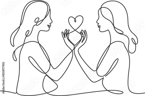 Seamless repeating pattern of women facing mirrors with crowned reflections making heart gestures, black continuous line silhouettes, mirrored symmetry, self-love mirror work theme, transparent 