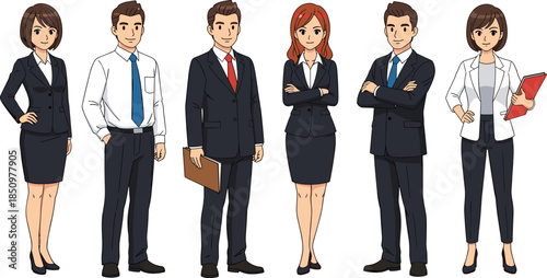Business team characters illustration, professional men and women office workers standing together, corporate staff set, flat vector style, isolated
