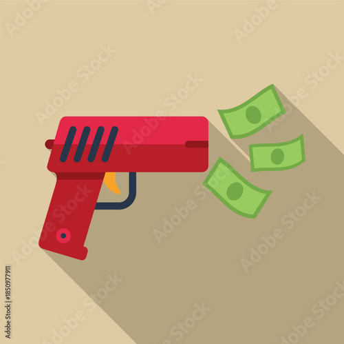 Red money gun shooting green dollar bills symbolizing wealth and spending