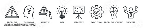 Solution banner icon problem, thinking, analysis, idea, strategy, execution, problem solving, success