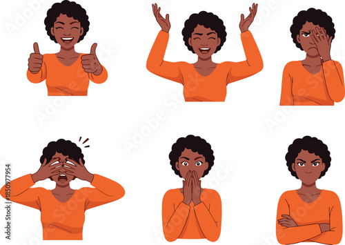 African woman showing different emotions and gestures, facial expressions set, positive negative feelings, communication concept, flat vector illustration