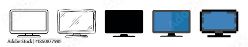 Set of five computer monitor icons showing different artistic styles including line art, hand-drawn sketch, silhouette, flat design, and pixel art for graphic design projects