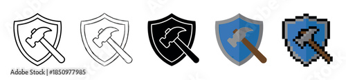 Set of five hammer and shield icons showing different artistic styles from simple outline and sketch to solid silhouette, flat color, and 8-bit pixel art vector illustration