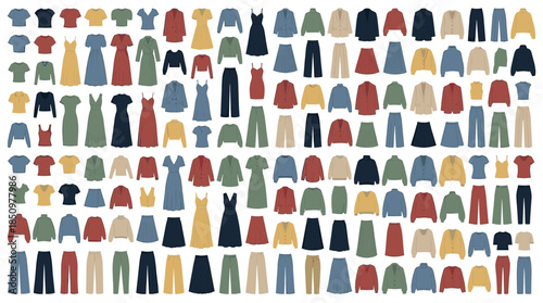 Large collection of women's fashion apparel including dresses, skirts, pants, and sweaters, illustrated in a flat vector style for a capsule wardrobe concept