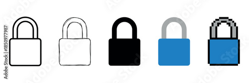 Set of five padlock icons showing different graphic design styles, including line art, hand-drawn sketch, solid silhouette, flat design, and 8-bit pixel art for security concepts