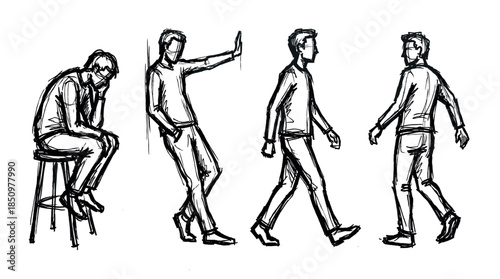 Set of four hand-drawn character sketches showing a man in various emotional poses like sadness, waiting, and walking, created in a rough, expressive, black ink style