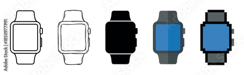 Collection of modern smartwatch illustrations presented in five distinct artistic styles: clean outline, sketchy doodle, black silhouette, colorful flat icon, and 8-bit pixel art