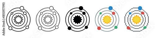 Set of five solar system icons presented in a row, showcasing a progression of graphic styles from simple line art and silhouette to flat color and 8-bit pixel art