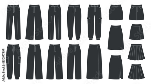 Large collection of women's clothing silhouettes including various styles of trousers, pants, and skirts shown as flat technical fashion drawings in a dark grey color