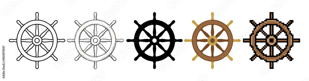 Obraz premium Collection of five ship's wheels illustrated in a variety of styles from simple line art and hand-drawn sketch to a bold silhouette, flat color, and retro pixel art