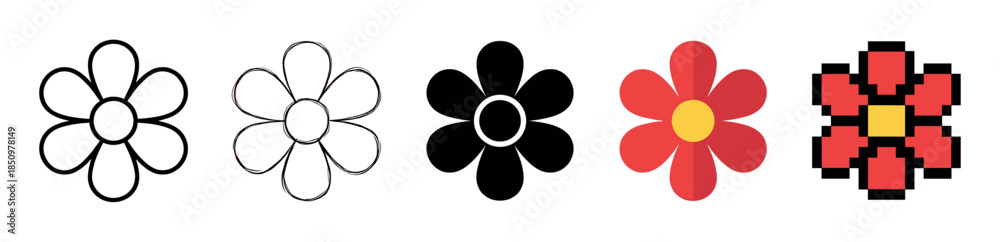 Obraz premium Collection of five flower vector icons in various styles including line art, hand-drawn sketch, black silhouette, colorful flat design, and 8-bit pixel art illustration