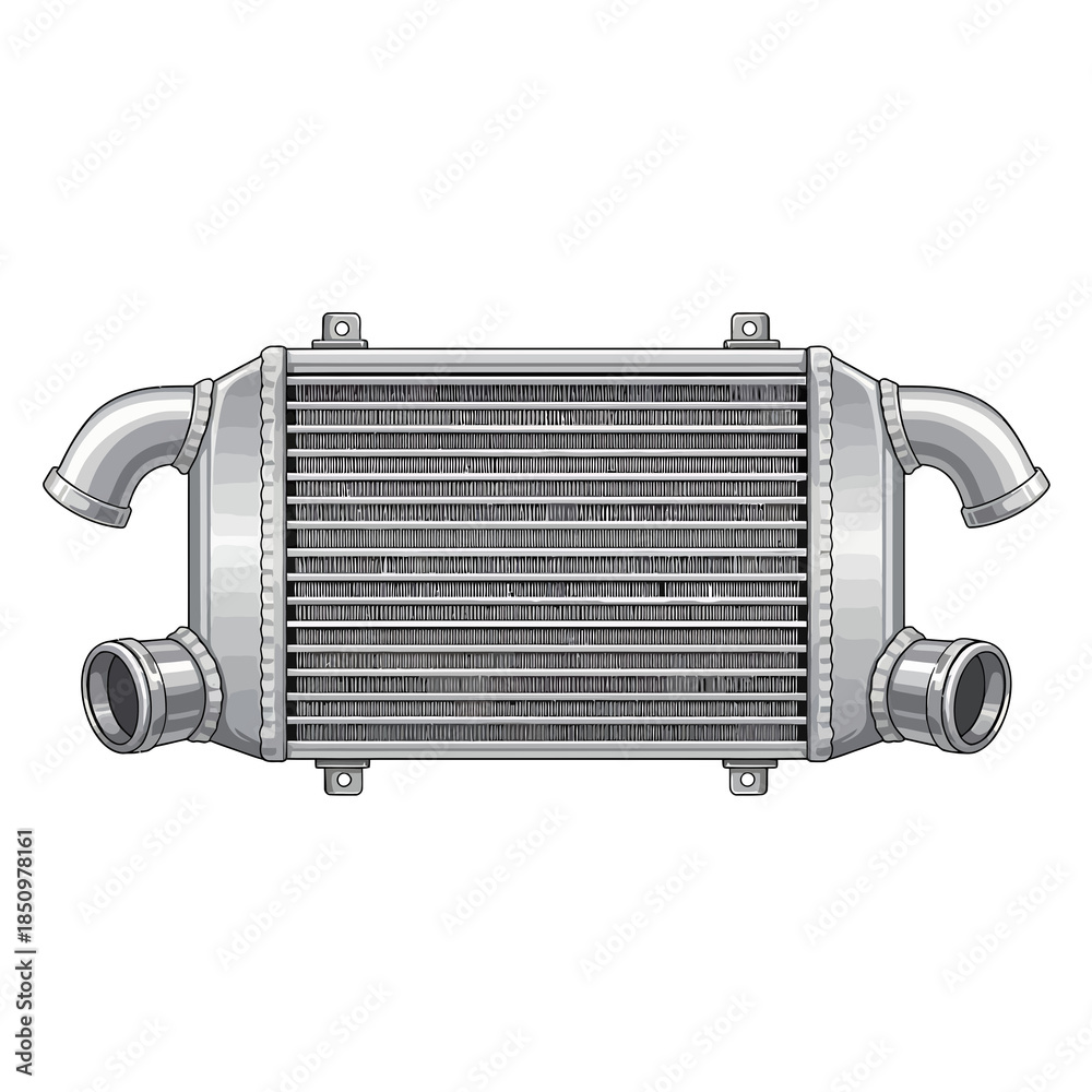 Fototapeta premium Detailed illustration of an intercooler with pipes on a white background viewed from the front