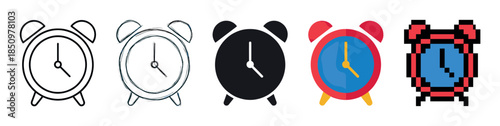 Five different alarm clock vector icons presented in a collection, featuring various graphic design styles such as outline, doodle, glyph, flat illustration, and 8-bit pixel art