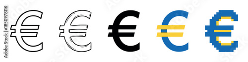Euro currency symbol icon set in different styles including outline, hand drawn doodle, silhouette, flat design, and pixel art for graphic design elements