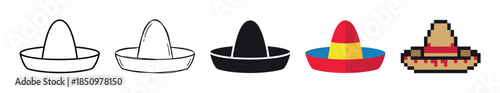 Set of five traditional sombrero hats in various artistic styles including line art, silhouette, flat color, and pixel art illustration for graphic design elements