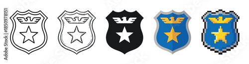 Collection of five police-style shield badges with a star and eagle, shown in various artistic styles including outline, sketch, silhouette, flat color, and pixel art