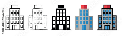 Set of five building icons in various graphic styles including clean line art, hand-drawn sketch, black silhouette, and flat color design for architecture or real estate