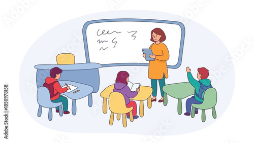 Children learning in a classroom with a teacher.