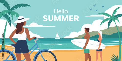 Summer Party and Vacation Vector Illustration with Beach, Surfing Couple, and Relaxing Woman