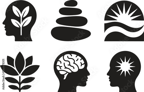 Wellness and Mindfulness Silhouette Icons, Yoga Brain Nature Balance, Vector Illustration