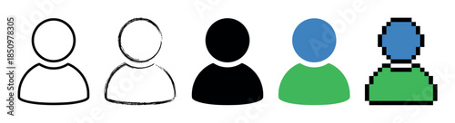 Set of five user profile icons showing a progression of design styles from simple outline and sketch to solid silhouette, flat color, and pixel art graphic
